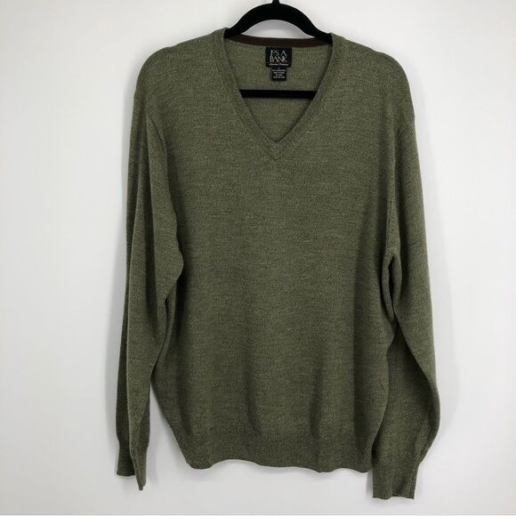 Jos. A. Bank Signature Mens Sweater Large 100% Merino Wool Green V Neck Pullover - Picture 1 of 5